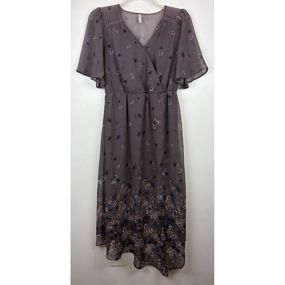 Floral Midi Dress Womens Medium Gray Flowy Chiffon Milkmaid Peasant